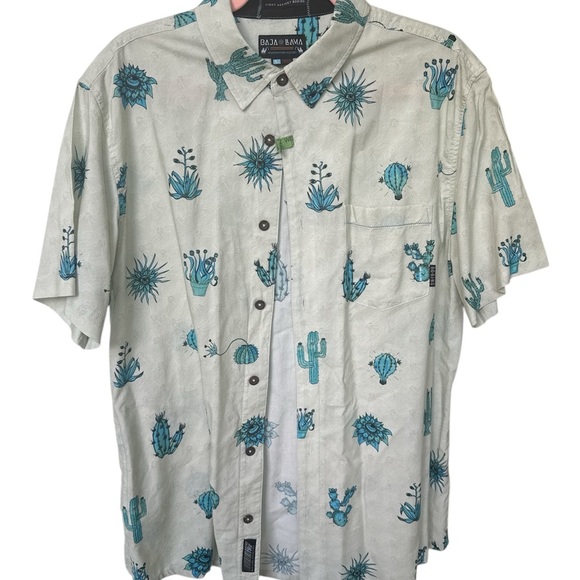 BajaLlama Other - Cream and Blue Casual Button Down Shirt with Cactus Print